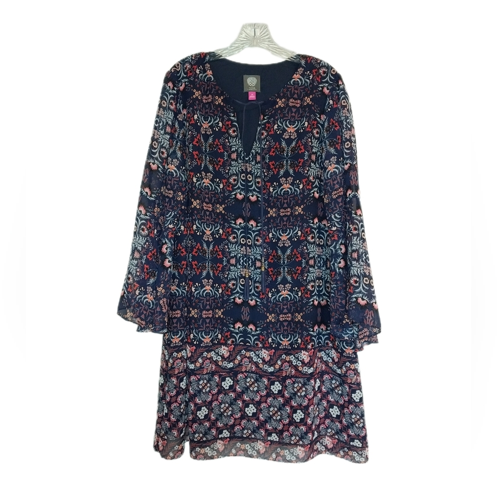 Vince Camuto Navy and Peach Floral Boho Bell Sleeve Dress